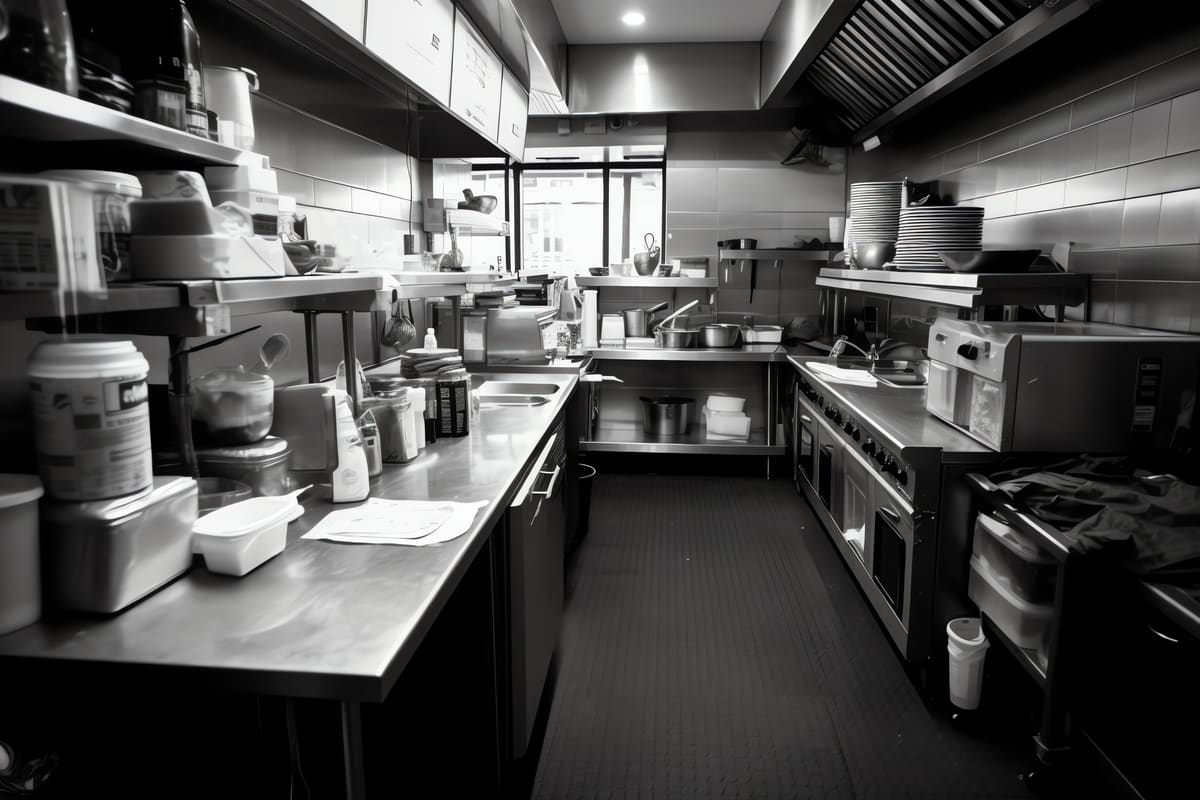 Cuisine professionnelle en inox avec plans de travail et équipements de restaurant